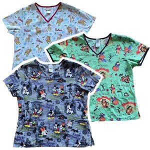 Lot of 3 Scrub Tops Size Large Halloween Christmas Mickey Minnie Winnie Pooh L
